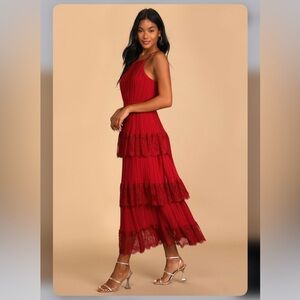 LULUS Came For Cocktails Wine Red Pleated Tiered Lace Maxi Dress S
